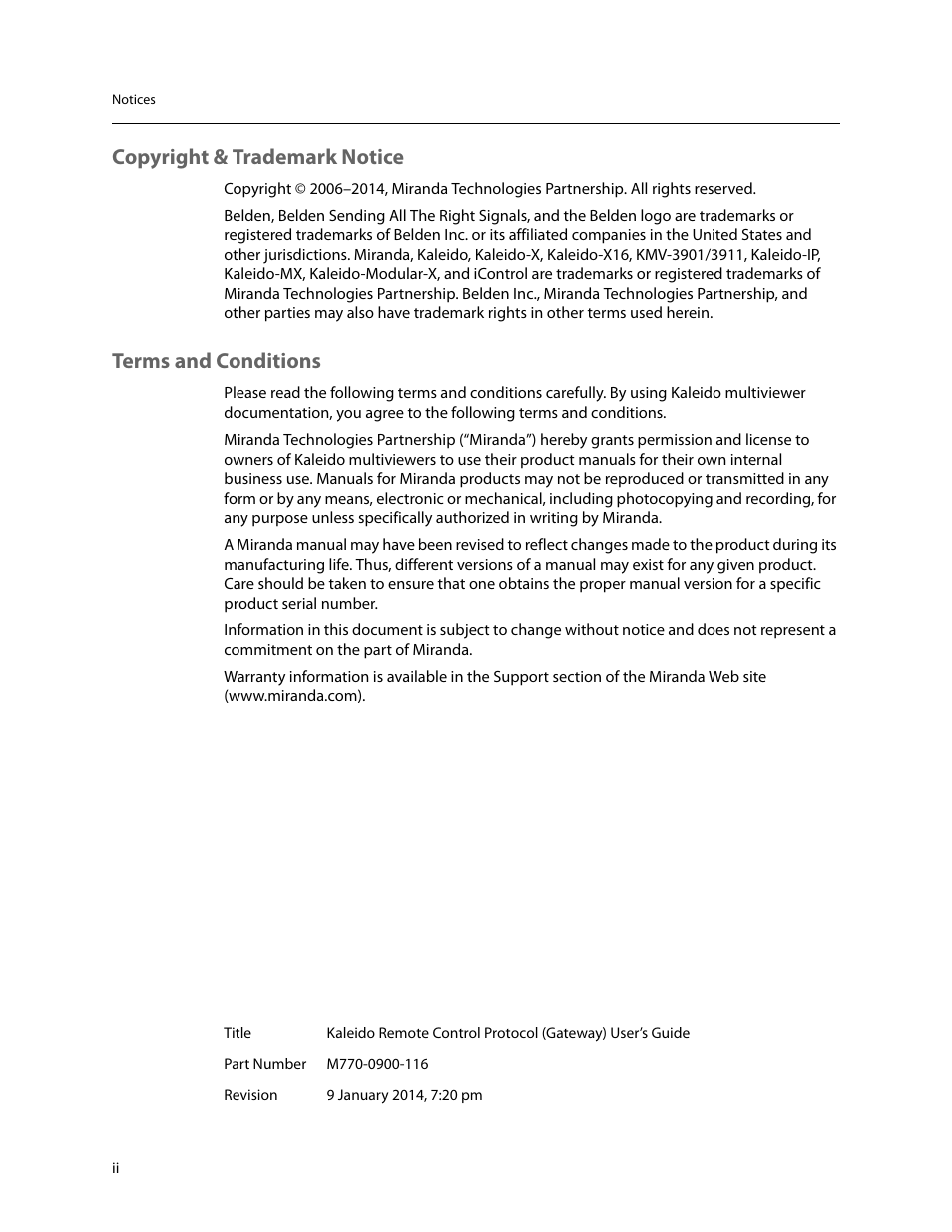 Copyright & trademark notice, Terms and conditions | Grass Valley Kaleido Remote Control Protocol Gateway Jan.09 2014 User Manual | Page 2 / 37