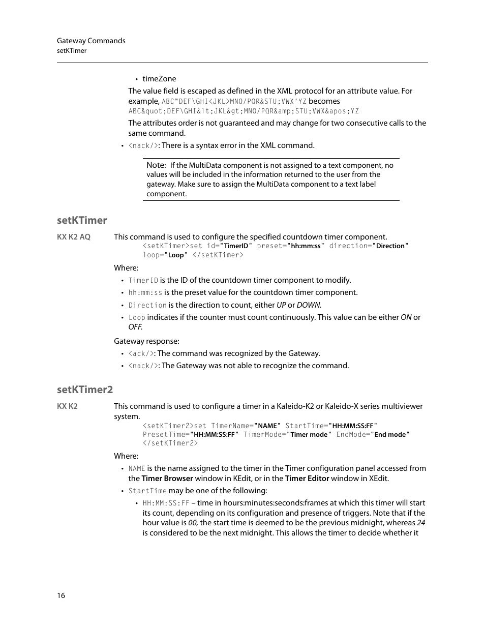 Setktimer, Setktimer2 | Grass Valley Kaleido Remote Control Protocol Gateway Jan.09 2014 User Manual | Page 20 / 37
