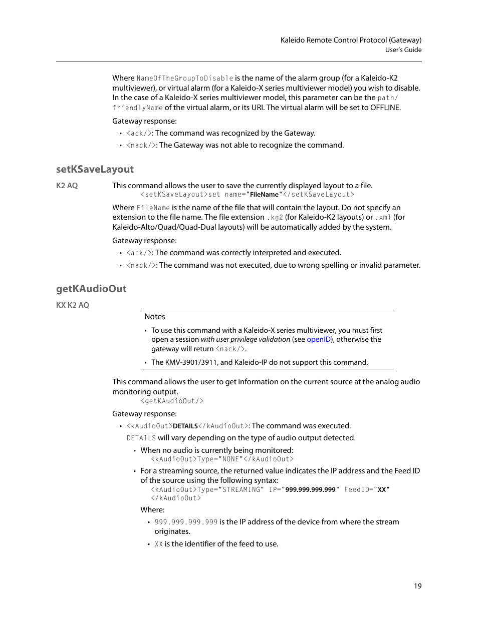 Setksavelayout, Getkaudioout | Grass Valley Kaleido Remote Control Protocol Gateway Jan.09 2014 User Manual | Page 23 / 37