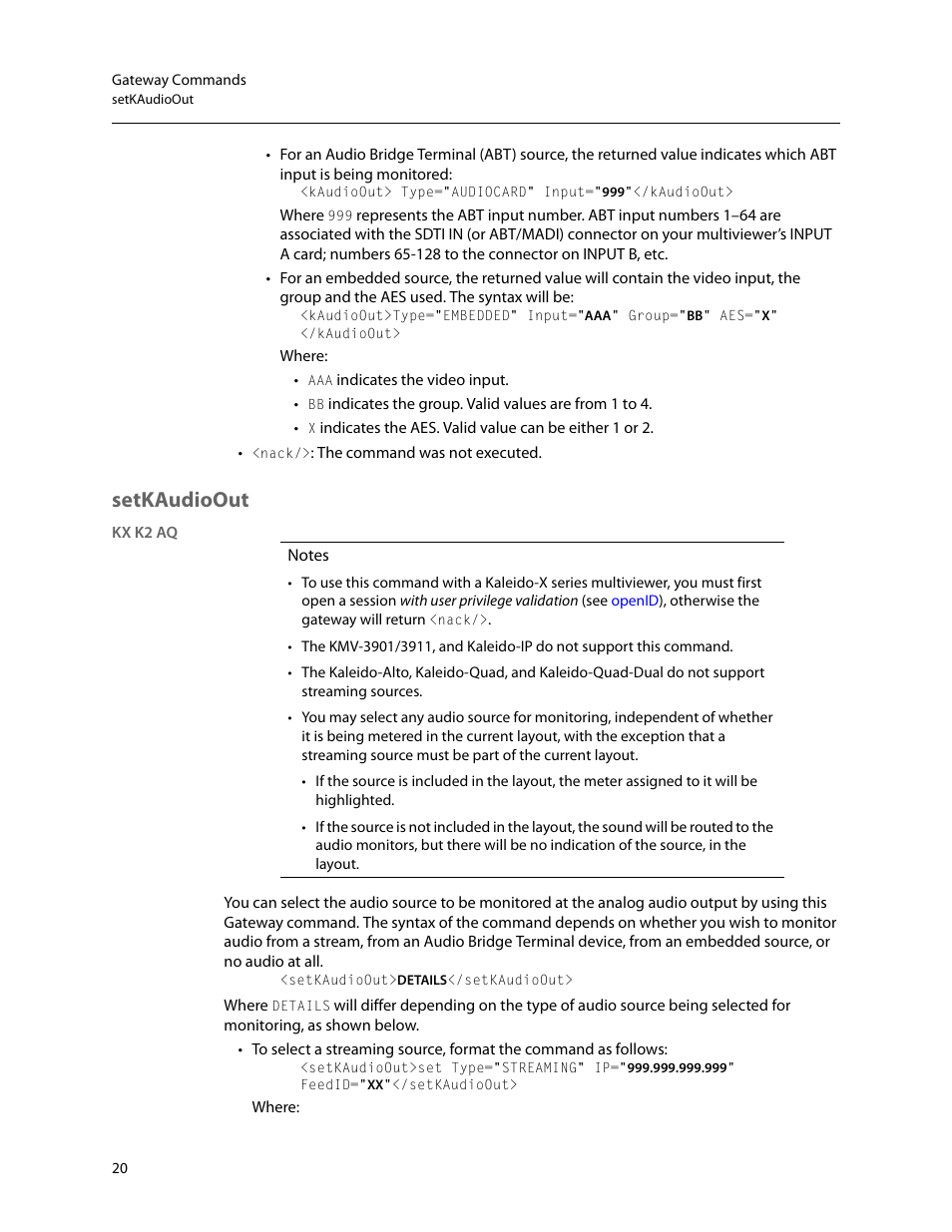Setkaudioout | Grass Valley Kaleido Remote Control Protocol Gateway Jan.09 2014 User Manual | Page 24 / 37