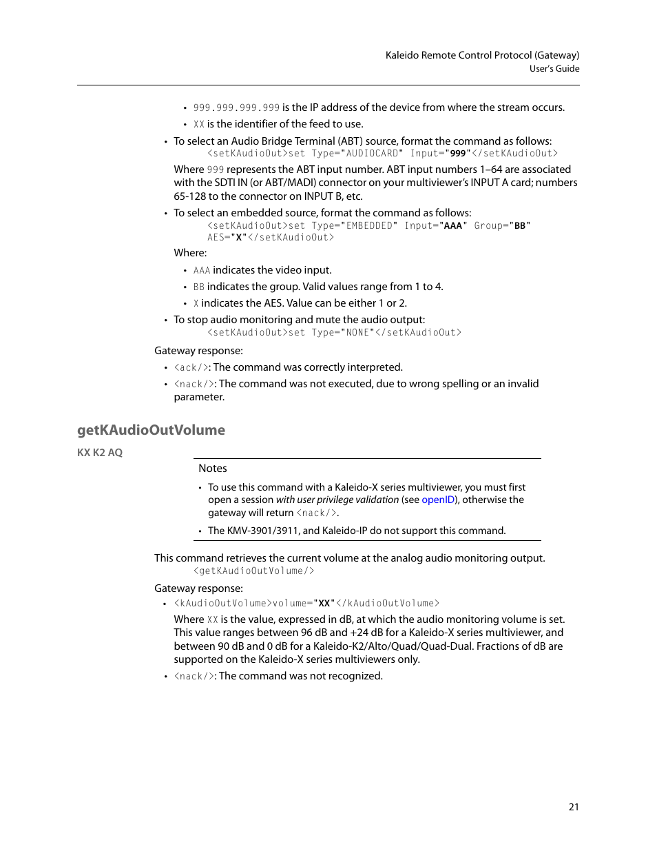 Getkaudiooutvolume | Grass Valley Kaleido Remote Control Protocol Gateway Jan.09 2014 User Manual | Page 25 / 37