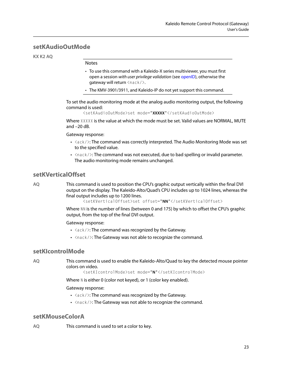 Setkaudiooutmode, Setkverticaloffset, Setkicontrolmode | Setkmousecolora | Grass Valley Kaleido Remote Control Protocol Gateway Jan.09 2014 User Manual | Page 27 / 37