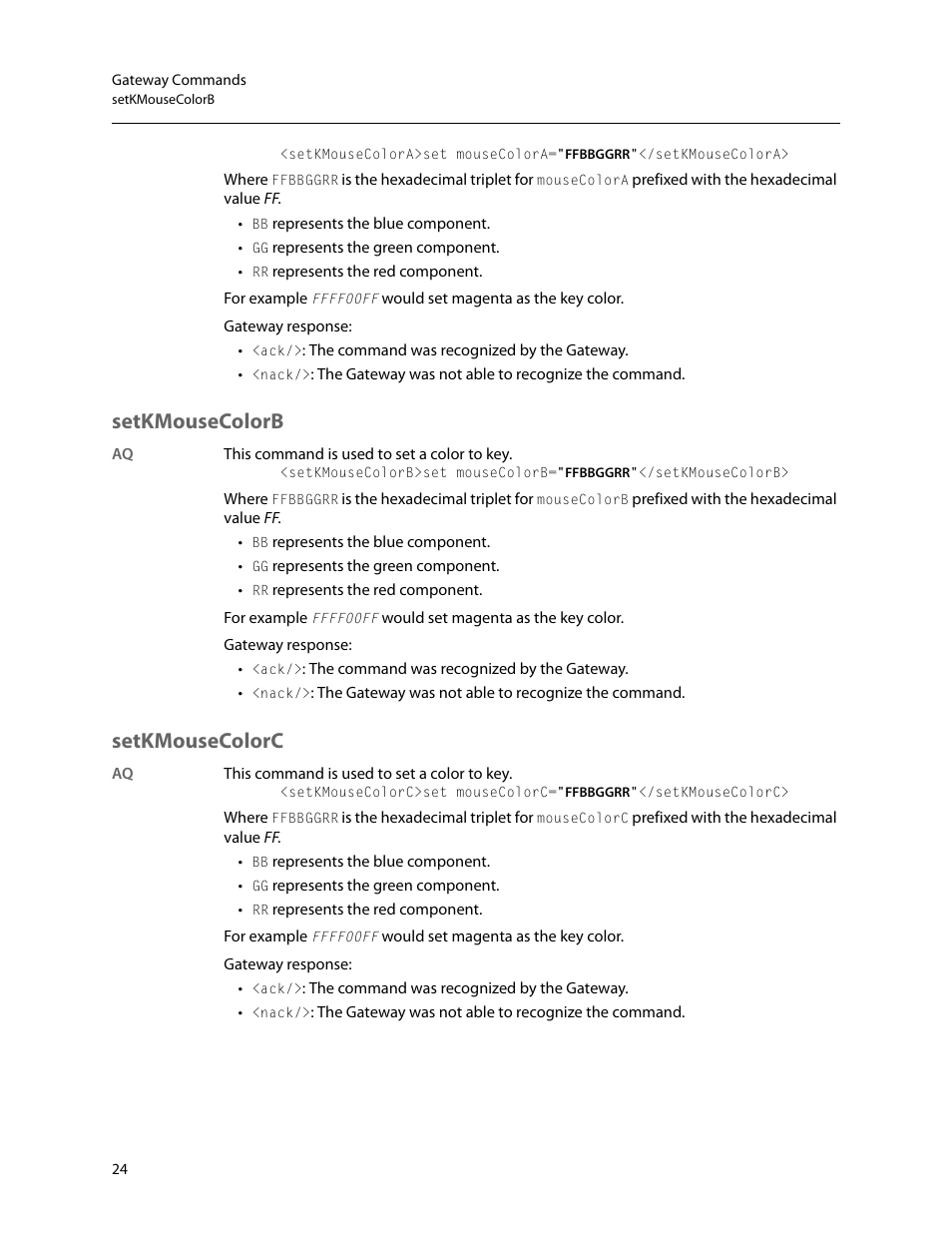 Setkmousecolorb, Setkmousecolorc | Grass Valley Kaleido Remote Control Protocol Gateway Jan.09 2014 User Manual | Page 28 / 37