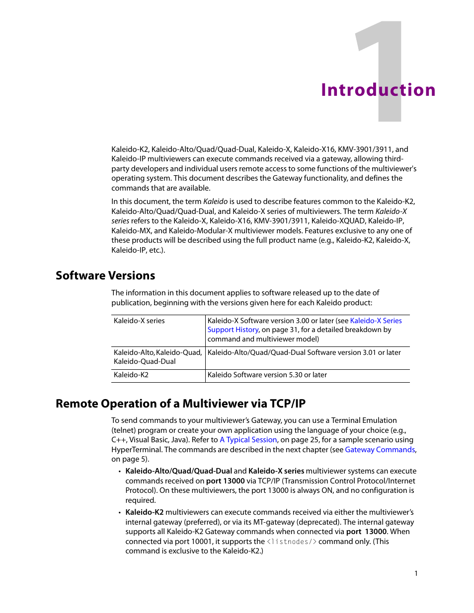 Introduction, Software versions, Remote operation of a multiviewer via tcp/ip | 1 introduction | Grass Valley Kaleido Remote Control Protocol Gateway Jan.09 2014 User Manual | Page 5 / 37