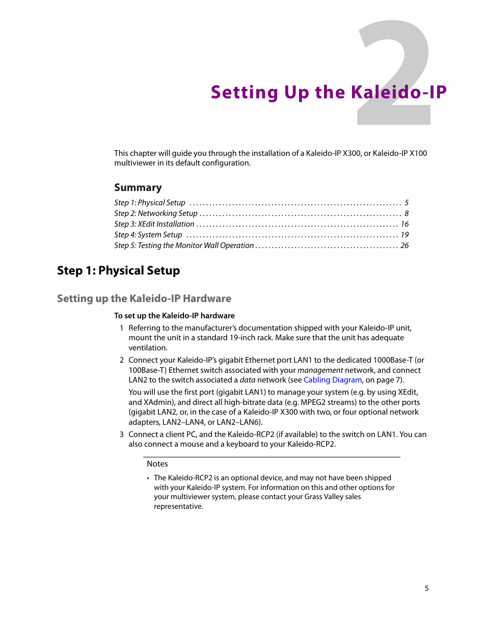 Setting up the kaleido-ip, Step 1: physical setup, Setting up the kaleido-ip hardware | 2 setting up the kaleido-ip | Grass Valley KALEIDO-IP X300 v.7.80 User Manual | Page 17 / 47