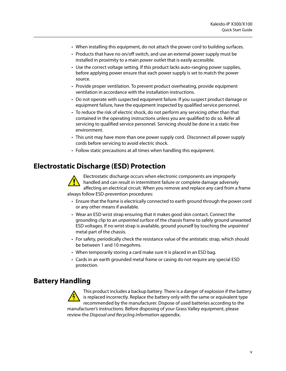 Electrostatic discharge (esd) protection, Battery handling | Grass Valley KALEIDO-IP X300 v.7.80 User Manual | Page 5 / 47