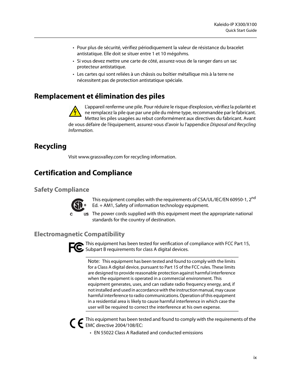 Remplacement et élimination des piles, Recycling, Certification and compliance | Safety compliance, Electromagnetic compatibility | Grass Valley KALEIDO-IP X300 v.7.80 User Manual | Page 9 / 47