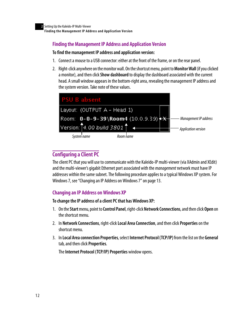 Configuring a client pc, Changing an ip address on windows xp | Grass Valley Kaleido-IP v.6.02 User Manual | Page 16 / 41