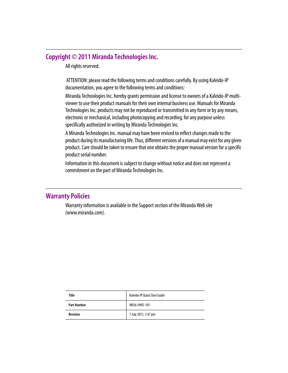 Copyright © 2011 miranda technologies inc, Warranty policies | Grass Valley Kaleido-IP v.6.02 User Manual | Page 2 / 41