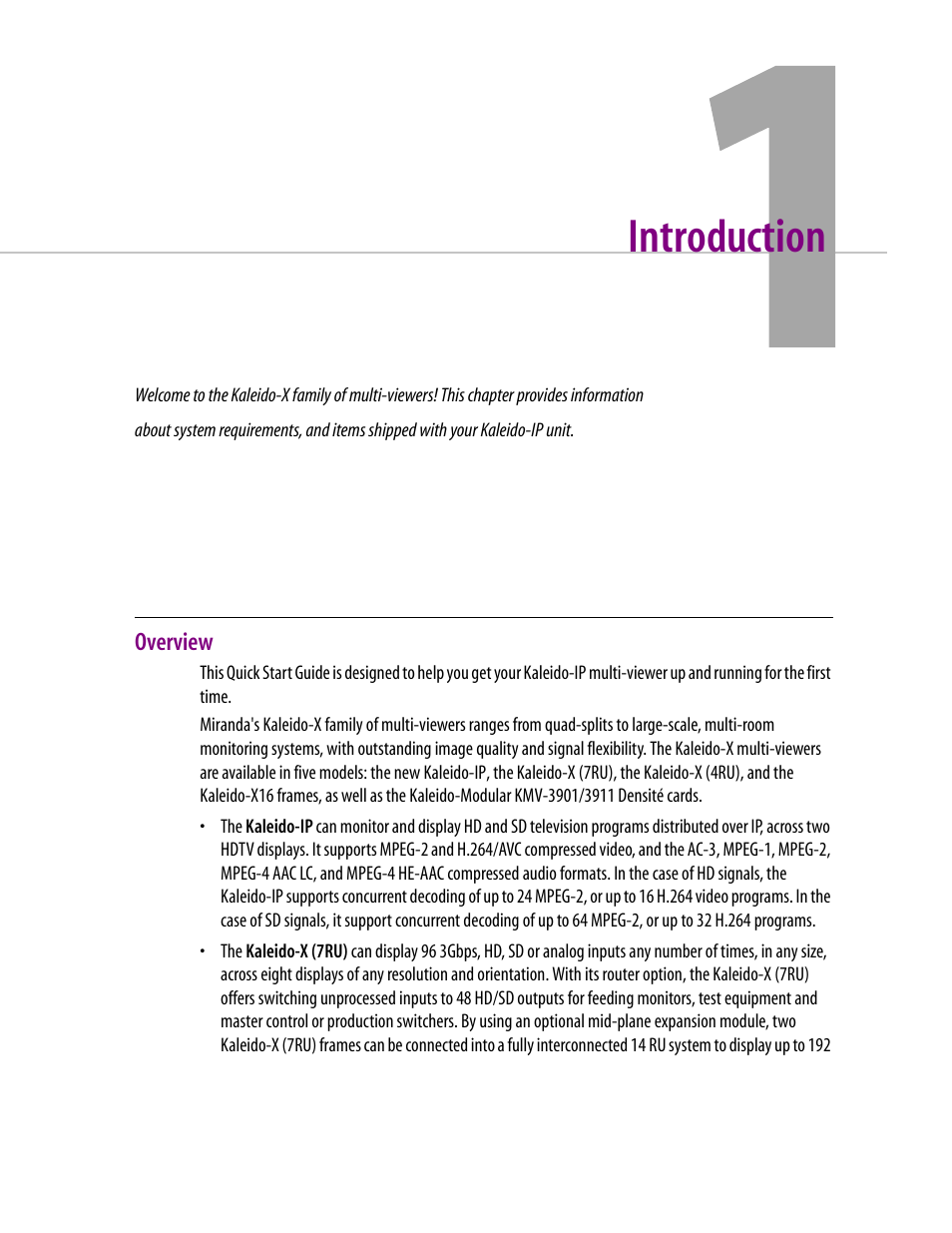 Introduction, Overview, 1 introduction | Grass Valley Kaleido-IP v.6.02 User Manual | Page 5 / 41