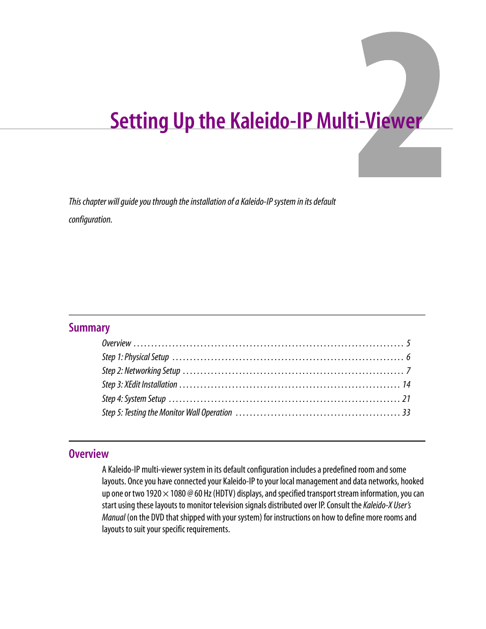 Setting up the kaleido-ip multi-viewer, Overview, 2 setting up the kaleido-ip multi-viewer | Grass Valley Kaleido-IP v.6.02 User Manual | Page 9 / 41