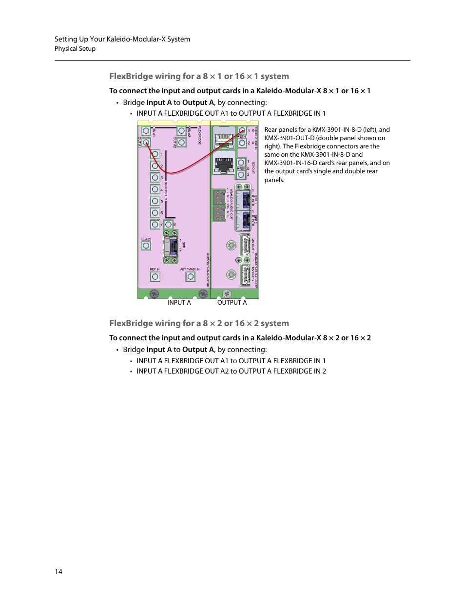 Flexbridge wiring for a 8 × 1 or 16 × 1 system, Flexbridge wiring for a 8 × 2 or 16 × 2 system | Grass Valley Kaleido-Modular-X v.7.70 User Manual | Page 18 / 53