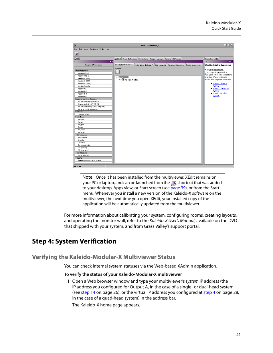 Step 4: system verification, Verifying the kaleido-modular-x multiviewer status | Grass Valley Kaleido-Modular-X v.7.70 User Manual | Page 45 / 53