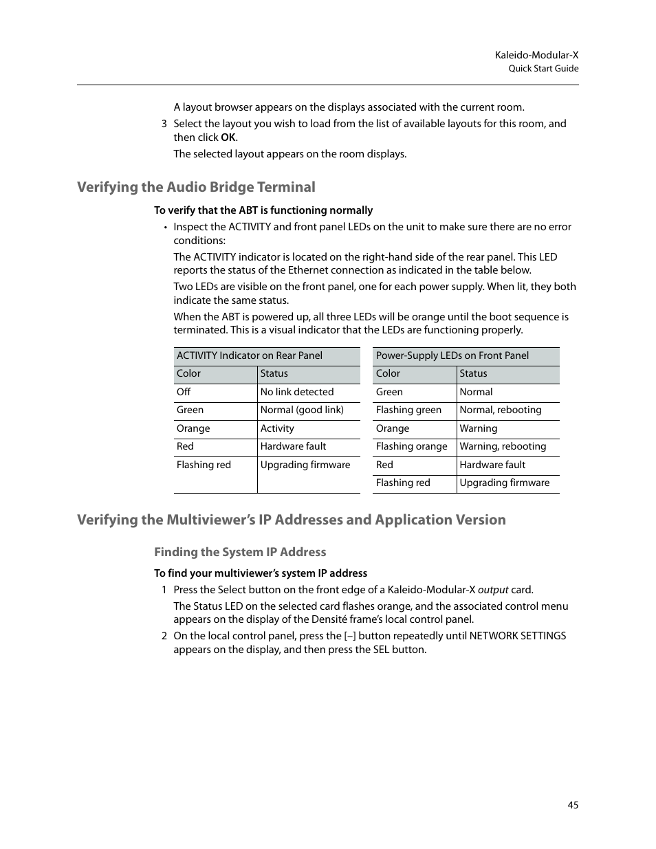 Verifying the audio bridge terminal, Finding the system ip address | Grass Valley Kaleido-Modular-X v.7.70 User Manual | Page 49 / 53