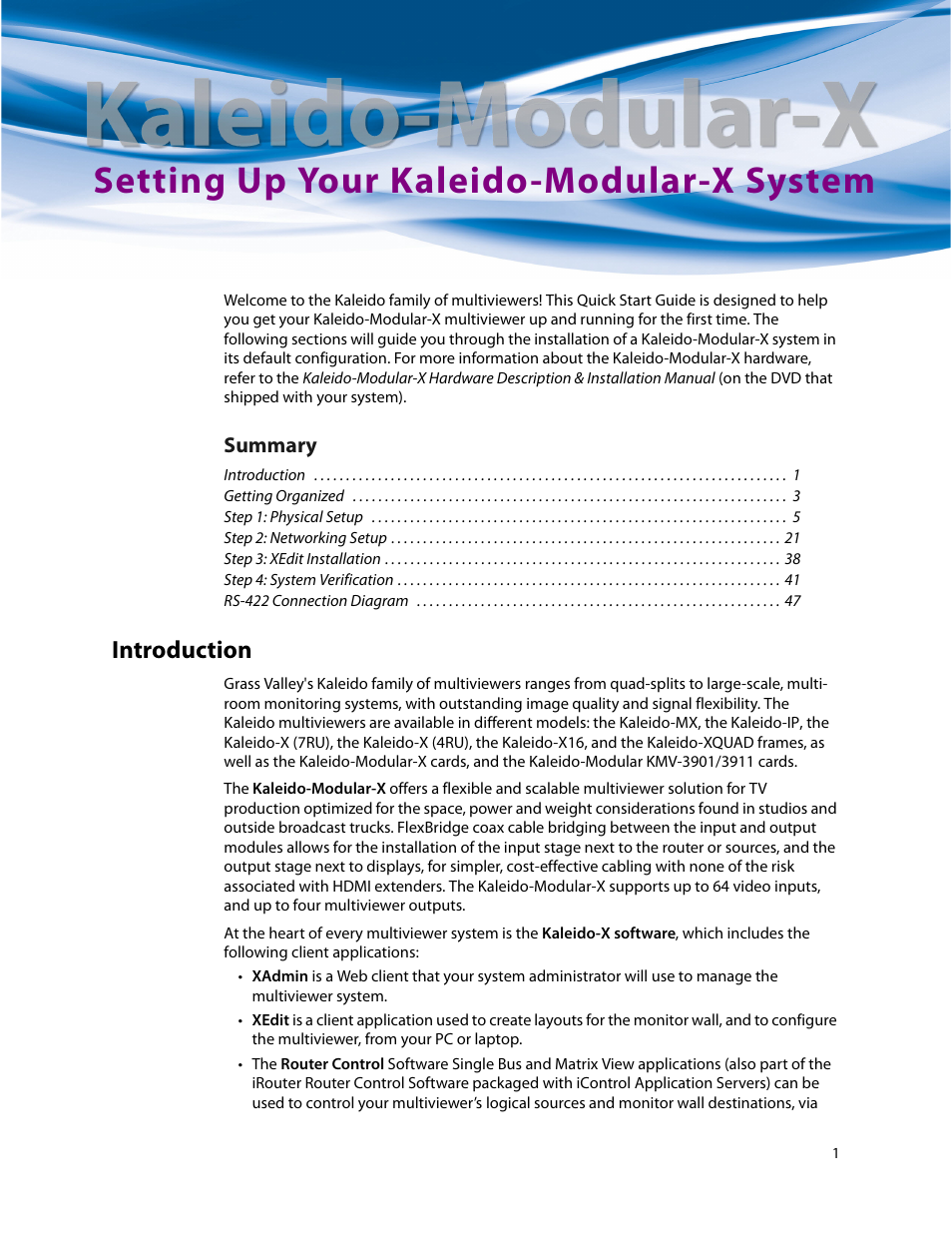 Setting up your kaleido-modular-x system, Introduction | Grass Valley Kaleido-Modular-X v.7.70 User Manual | Page 5 / 53