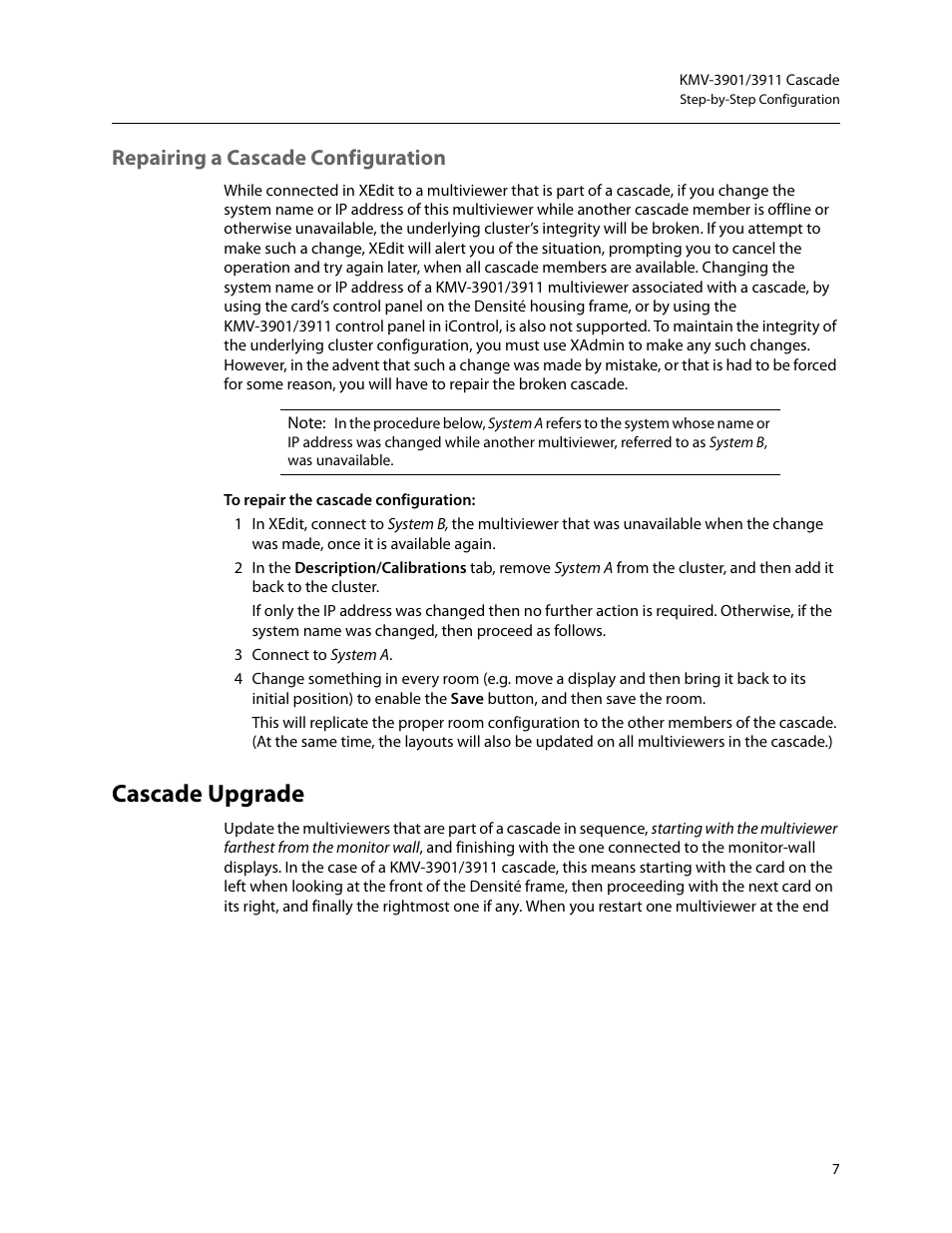 Repairing a cascade configuration, Cascade upgrade, R (see | Grass Valley KMV-3901 Apr 13 2015 User Manual | Page 9 / 13
