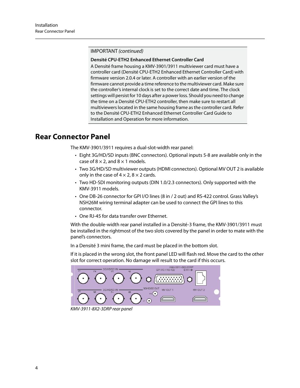 Rear connector panel, Kmv-3911-8x2-3drp rear panel | Grass Valley KMV-3901 Installation v.7.70 User Manual | Page 10 / 37