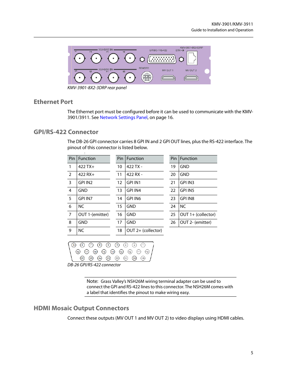 Kmv-3901-8x2-3drp rear panel, Ethernet port, Gpi/rs-422 connector | Hdmi mosaic output connectors | Grass Valley KMV-3901 Installation v.7.70 User Manual | Page 11 / 37