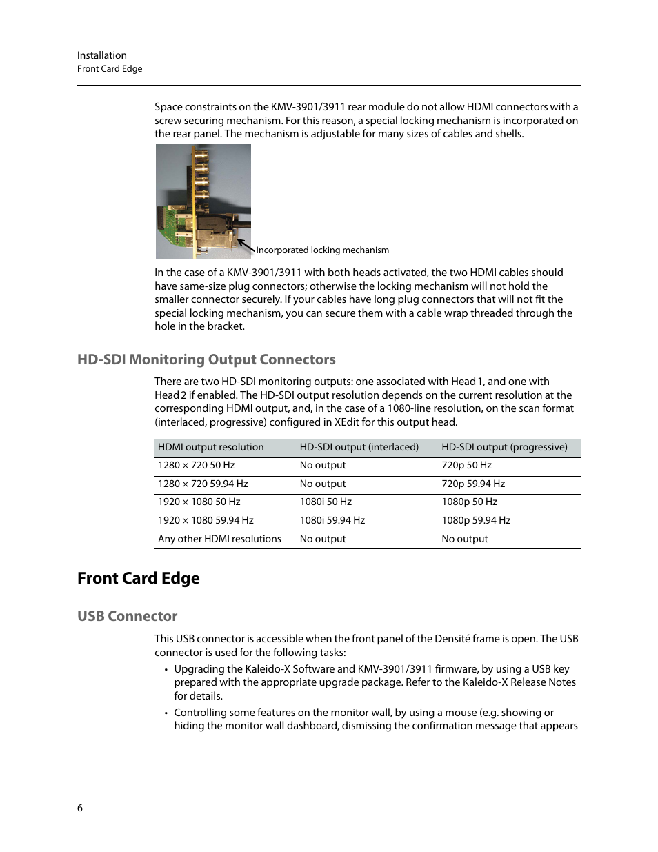 Front card edge, Usb connector, Hd-sdi monitoring output connectors | Grass Valley KMV-3901 Installation v.7.70 User Manual | Page 12 / 37