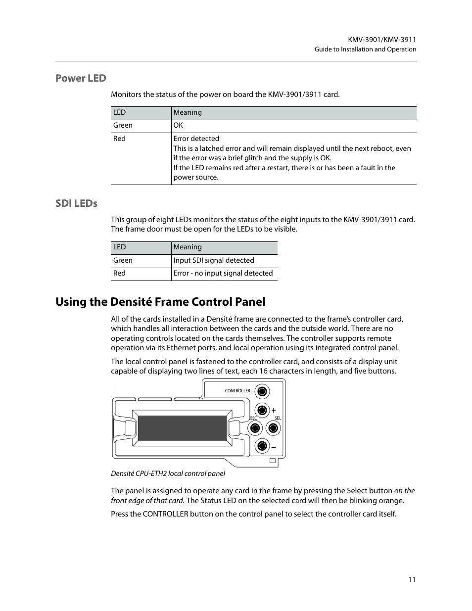 Using the densité frame control panel, Power led, Sdi leds | Using the densité, Frame control panel | Grass Valley KMV-3901 Installation v.7.70 User Manual | Page 17 / 37