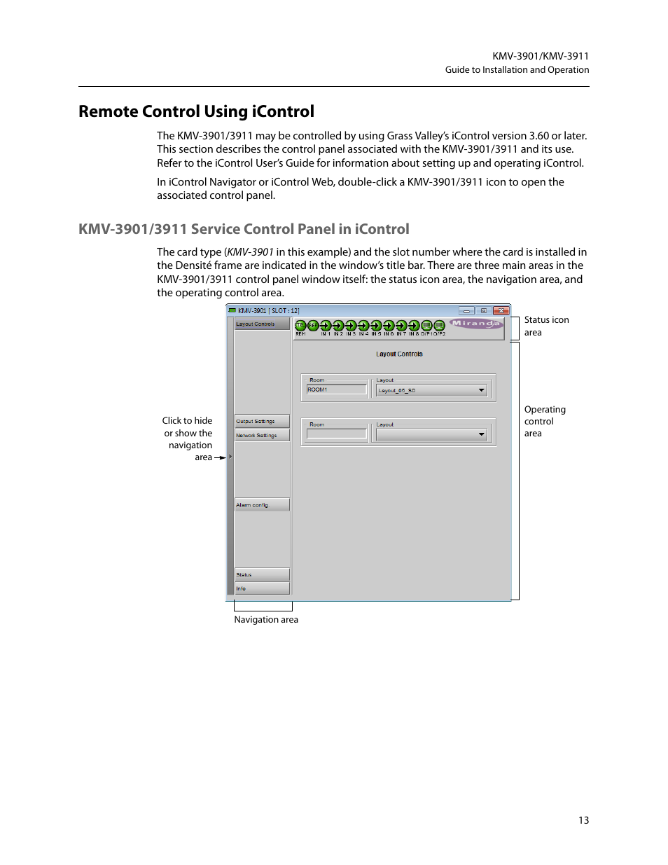 Remote control using icontrol, Kmv-3901/3911 service control panel in icontrol, Remote | Control using icontrol | Grass Valley KMV-3901 Installation v.7.70 User Manual | Page 19 / 37