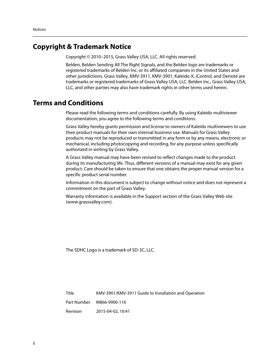 Copyright & trademark notice, Terms and conditions | Grass Valley KMV-3901 Installation v.7.70 User Manual | Page 2 / 37
