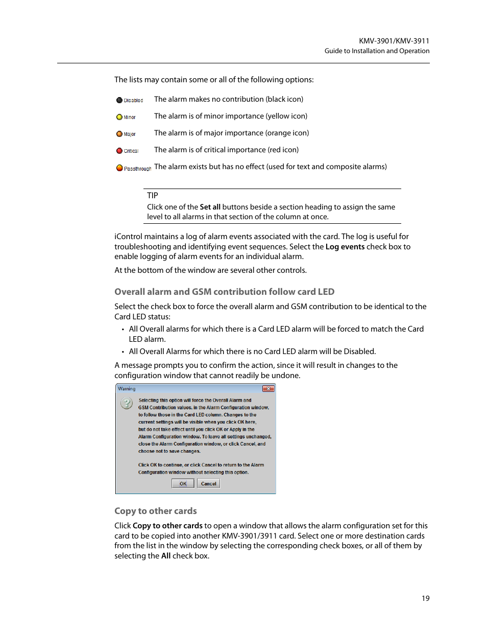 Overall alarm and gsm contribution follow card led, Copy to other cards | Grass Valley KMV-3901 Installation v.7.70 User Manual | Page 25 / 37