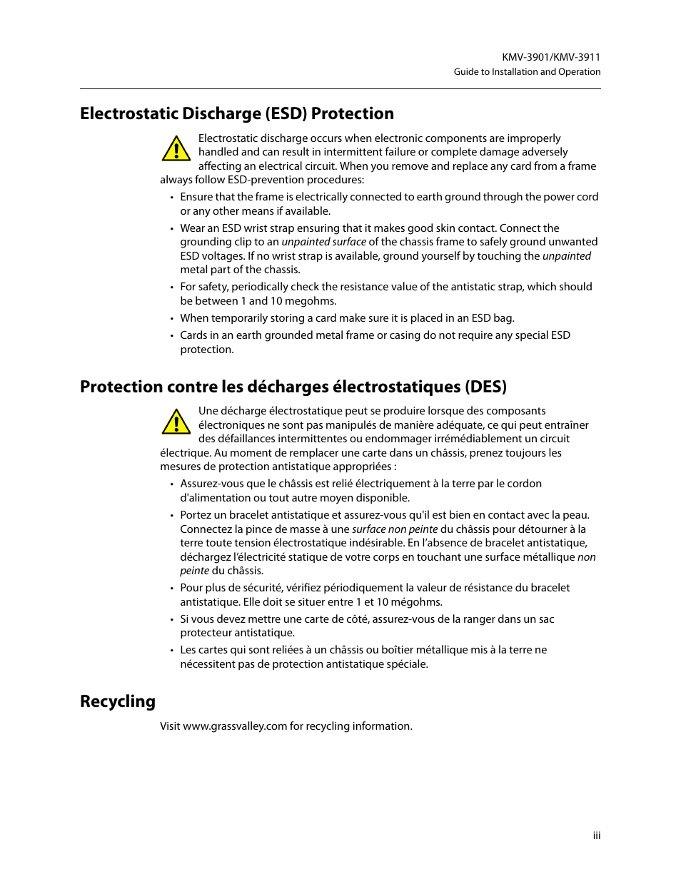 Electrostatic discharge (esd) protection, Recycling | Grass Valley KMV-3901 Installation v.7.70 User Manual | Page 3 / 37