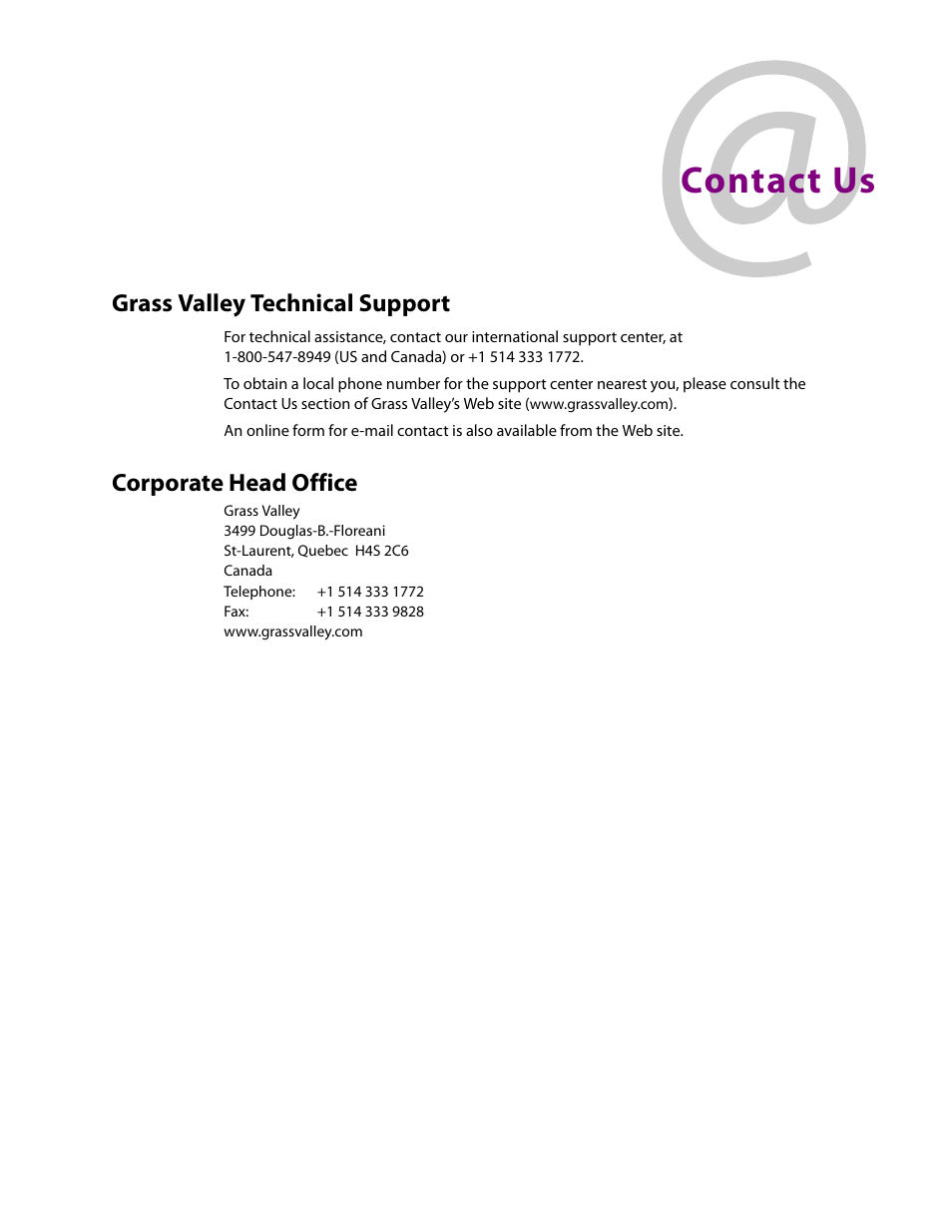 Contact us, Grass valley technical support, Corporate head office | Grass Valley KMV-3901 Installation v.7.70 User Manual | Page 37 / 37