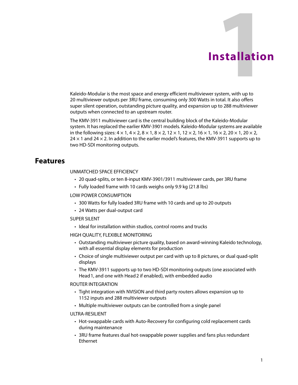 Installation, Features, 1 installation | Grass Valley KMV-3901 Installation v.7.70 User Manual | Page 7 / 37