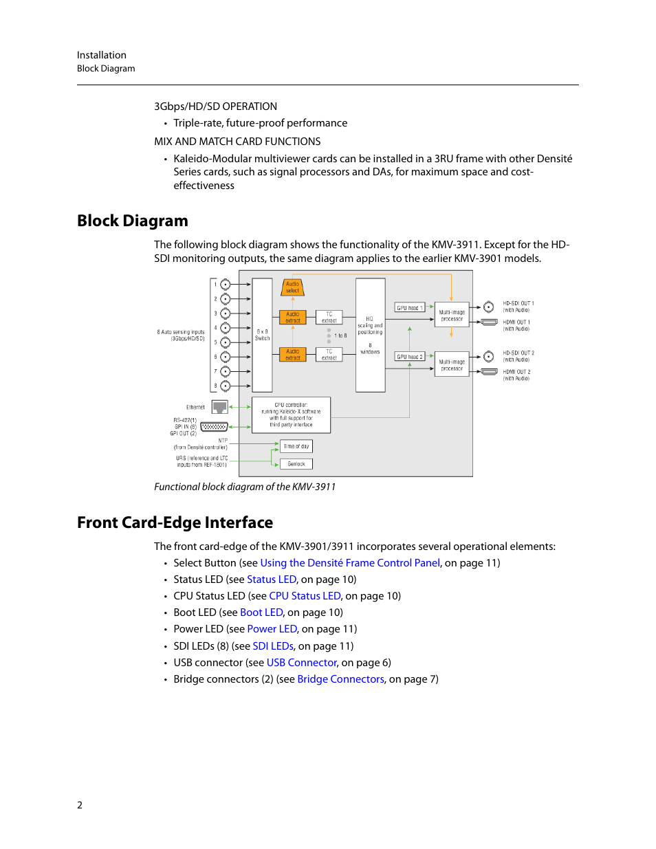 Block diagram, Front card-edge interface, Block diagram front card-edge interface | Grass Valley KMV-3901 Installation v.7.70 User Manual | Page 8 / 37