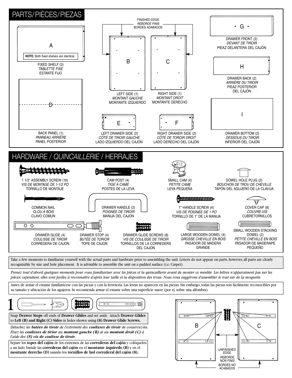 Hardware / quincaillerie / herrajes, Parts/ pièces/ piezas, Hg e f i | Closet Maid Stackable Storage Organizer SSO2DW User Manual | Page 2 / 4