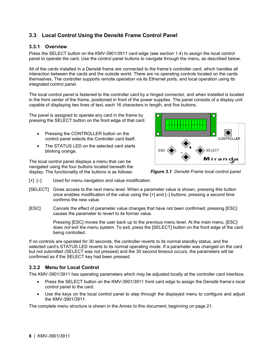 1 overview, 2 menu for local control, On 3.3) | Grass Valley KMV-3901 Jul 30 2012 User Manual | Page 12 / 25