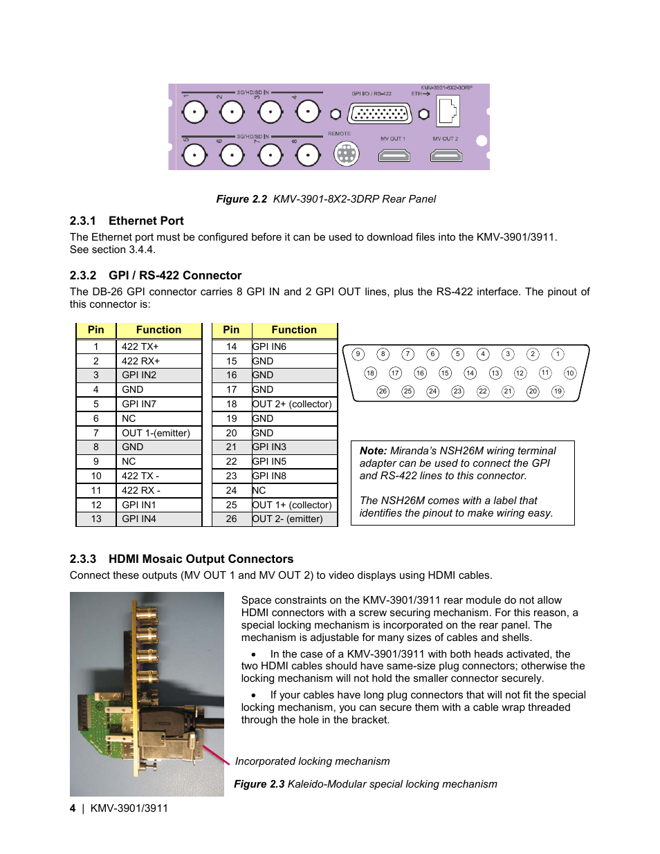 1 ethernet port, 2 gpi / rs-422 connector, 3 hdmi mosaic output connectors | Grass Valley KMV-3901 Jul 30 2012 User Manual | Page 8 / 25