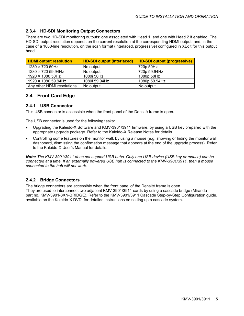 4 hd-sdi monitoring output connectors, 4 front card edge, 1 usb connector | 2 bridge connectors | Grass Valley KMV-3901 Jul 30 2012 User Manual | Page 9 / 25