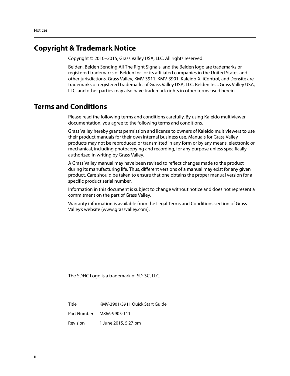 Copyright & trademark notice, Terms and conditions | Grass Valley KMV-3901 Quick Start v.7.80 User Manual | Page 2 / 29