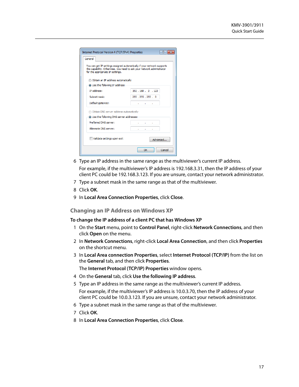 Changing an ip address on windows xp | Grass Valley KMV-3901 Quick Start v.7.80 User Manual | Page 23 / 29