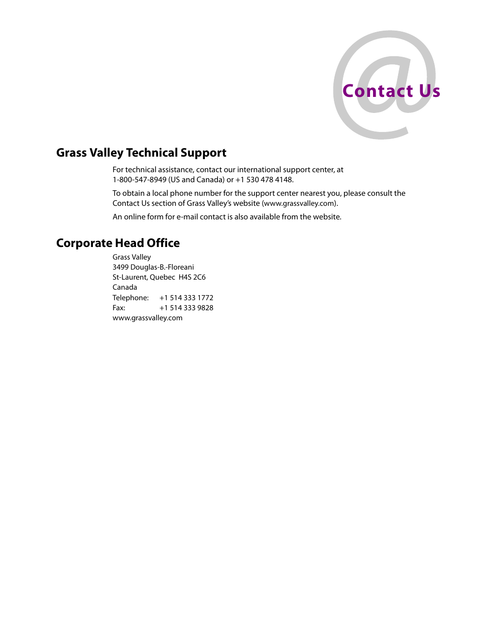 Contact us, Grass valley technical support, Corporate head office | Grass Valley KMV-3901 Quick Start v.7.80 User Manual | Page 29 / 29