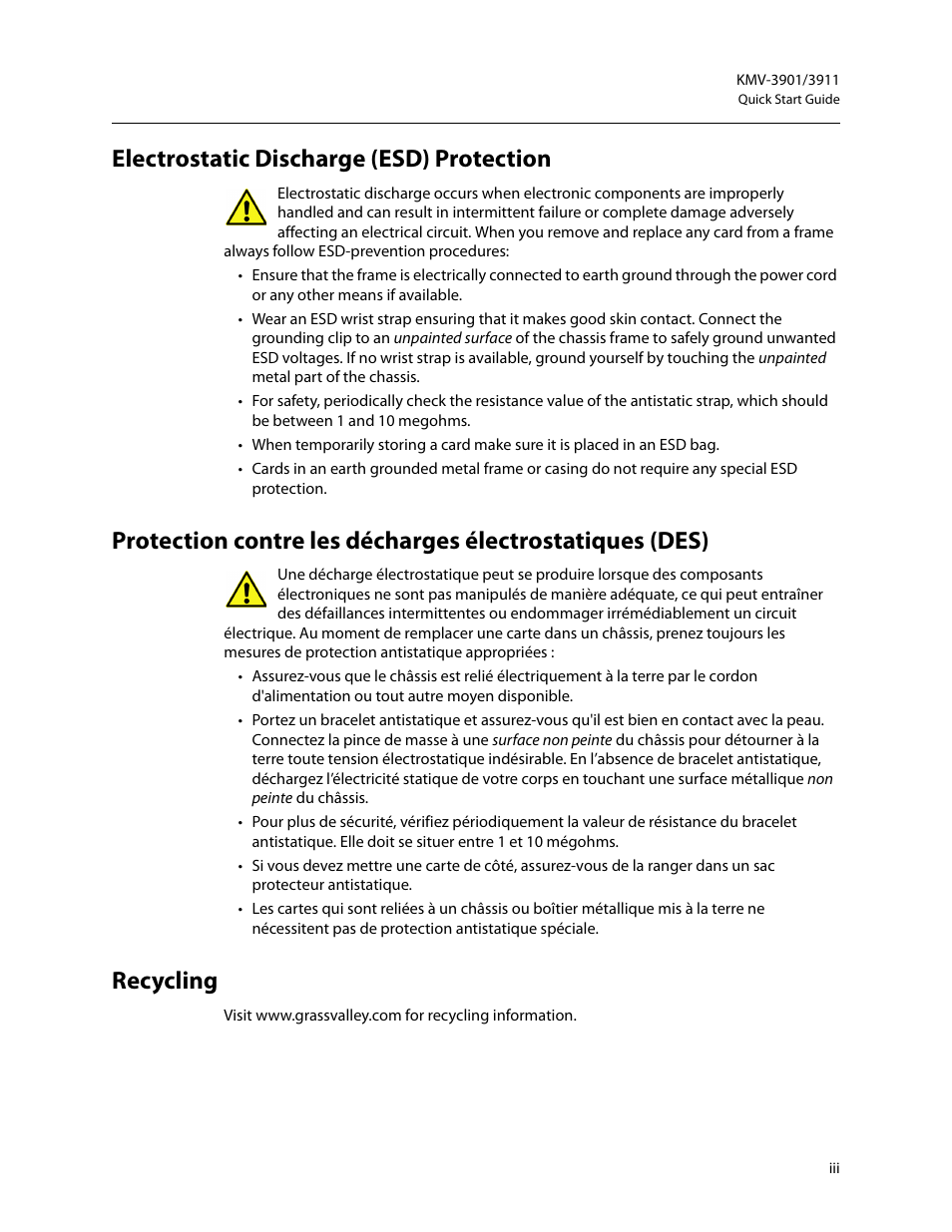 Electrostatic discharge (esd) protection, Recycling | Grass Valley KMV-3901 Quick Start v.7.80 User Manual | Page 3 / 29