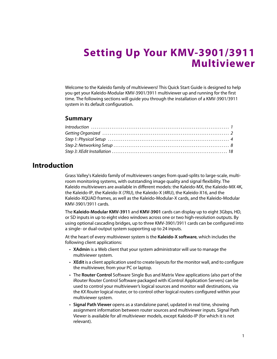 Setting up your kmv-3901/3911 multiviewer, Introduction | Grass Valley KMV-3901 Quick Start v.7.80 User Manual | Page 7 / 29