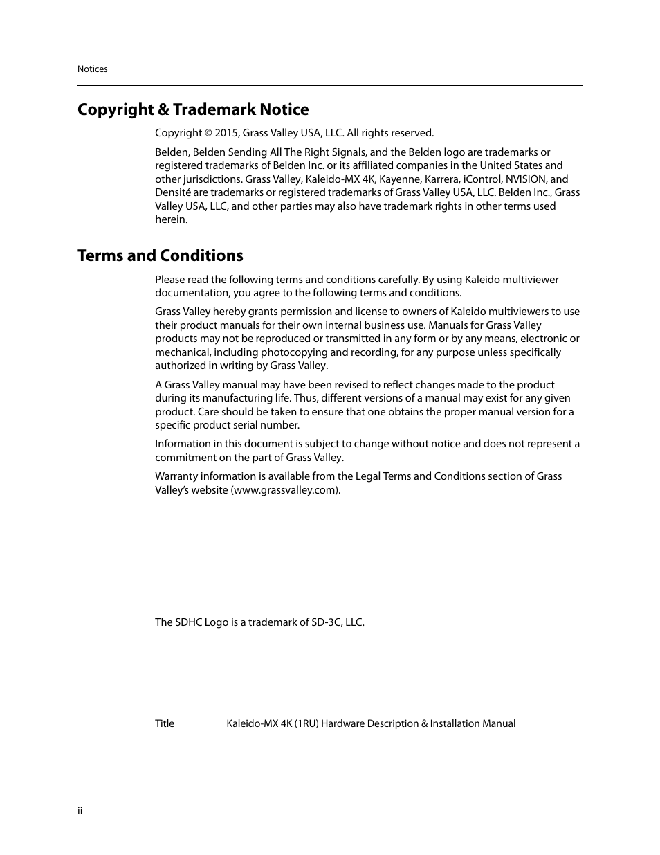 Copyright & trademark notice, Terms and conditions | Grass Valley Kaleido-MX 4K (1RU) v.7.80 User Manual | Page 2 / 51