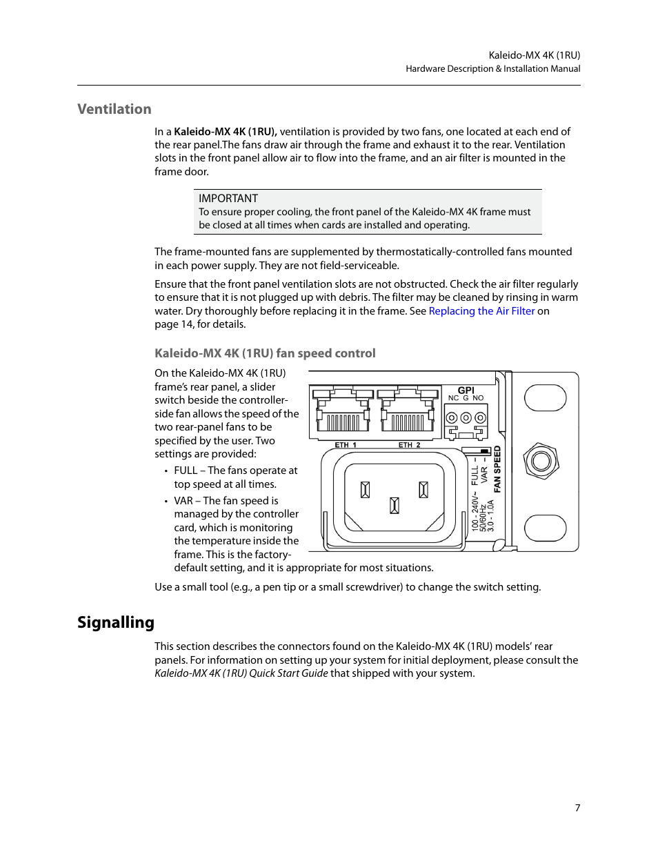 Ventilation, Signalling | Grass Valley Kaleido-MX 4K (1RU) v.7.80 User Manual | Page 21 / 51