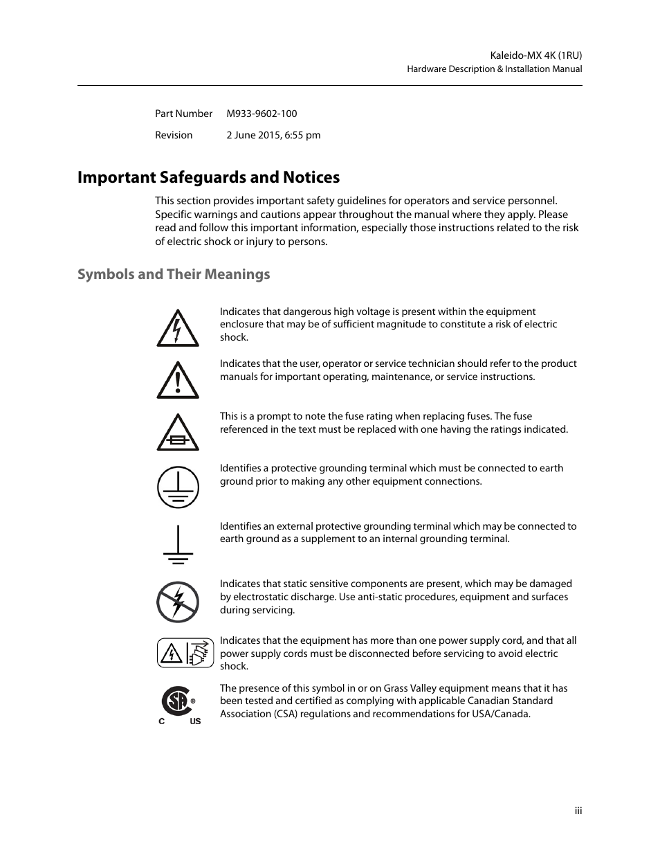 Important safeguards and notices, Symbols and their meanings | Grass Valley Kaleido-MX 4K (1RU) v.7.80 User Manual | Page 3 / 51