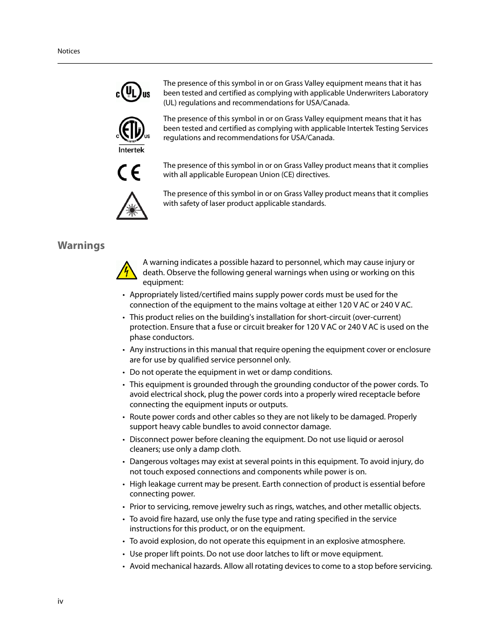Warnings | Grass Valley Kaleido-MX 4K (1RU) v.7.80 User Manual | Page 4 / 51