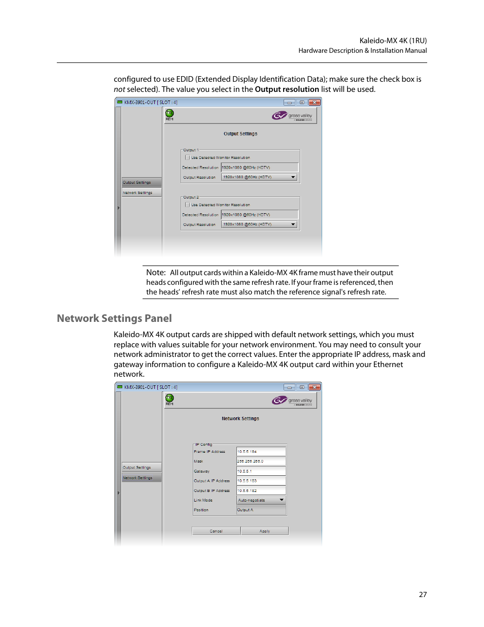 Network settings panel | Grass Valley Kaleido-MX 4K (1RU) v.7.80 User Manual | Page 41 / 51