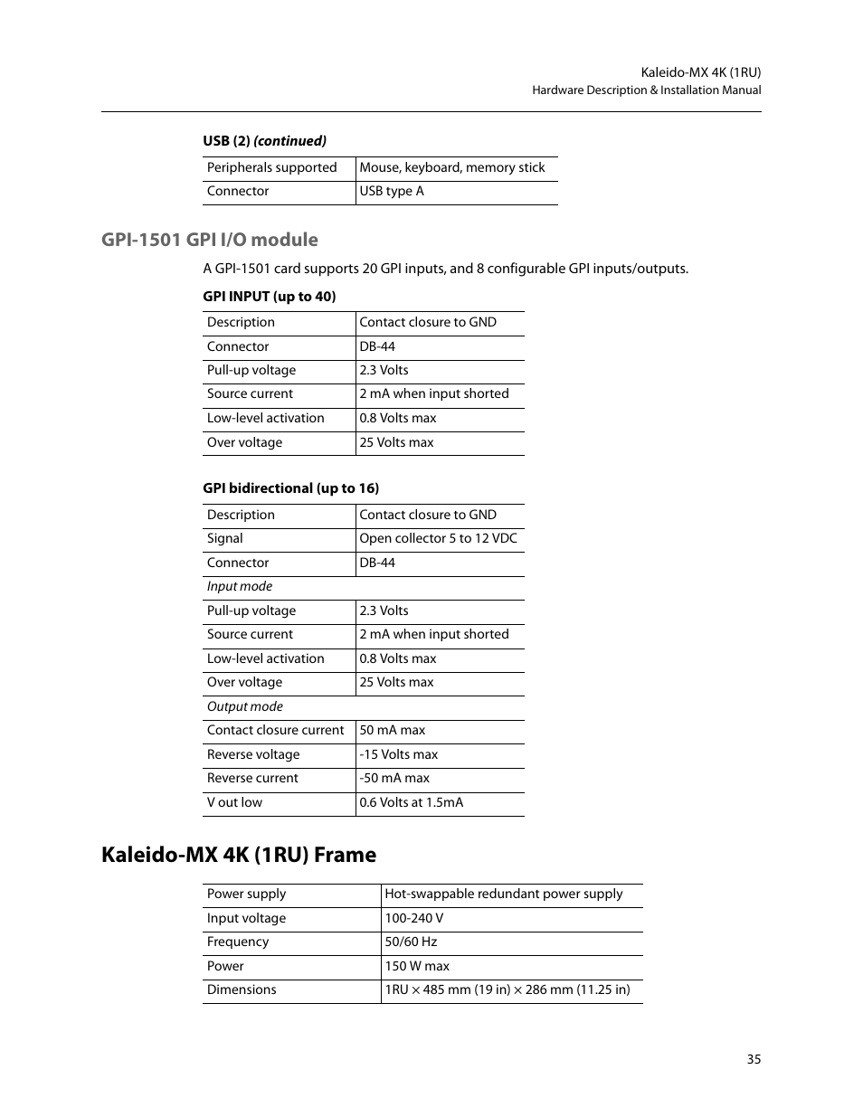 Gpi-1501 gpi i/o module, Kaleido-mx 4k (1ru) frame | Grass Valley Kaleido-MX 4K (1RU) v.7.80 User Manual | Page 49 / 51