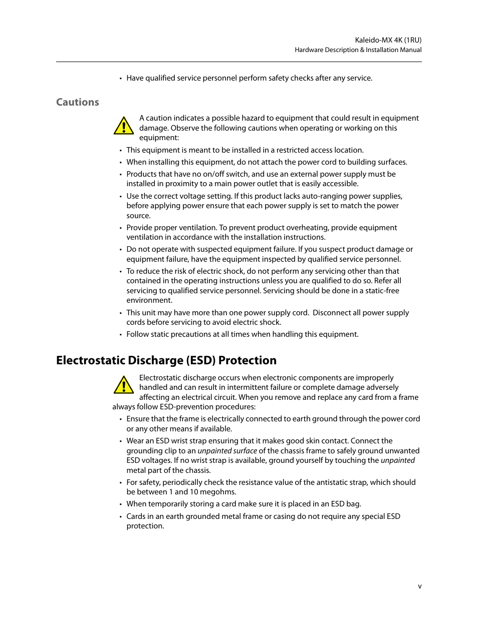 Electrostatic discharge (esd) protection, Cautions | Grass Valley Kaleido-MX 4K (1RU) v.7.80 User Manual | Page 5 / 51