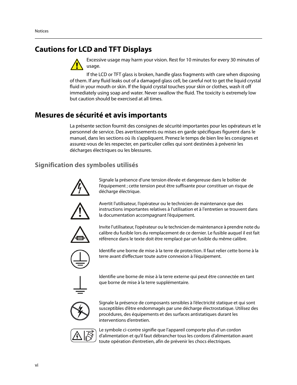 Cautions for lcd and tft displays, Mesures de sécurité et avis importants, Signification des symboles utilisés | Grass Valley Kaleido-MX 4K (1RU) v.7.80 User Manual | Page 6 / 51