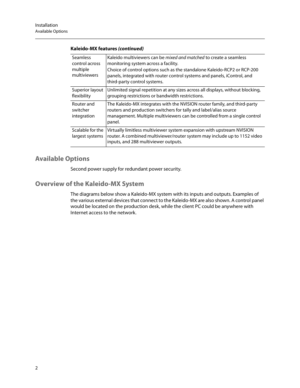 Available options, Overview of the kaleido-mx system | Grass Valley Kaleido-MX (1RU) v.7.80 User Manual | Page 16 / 55