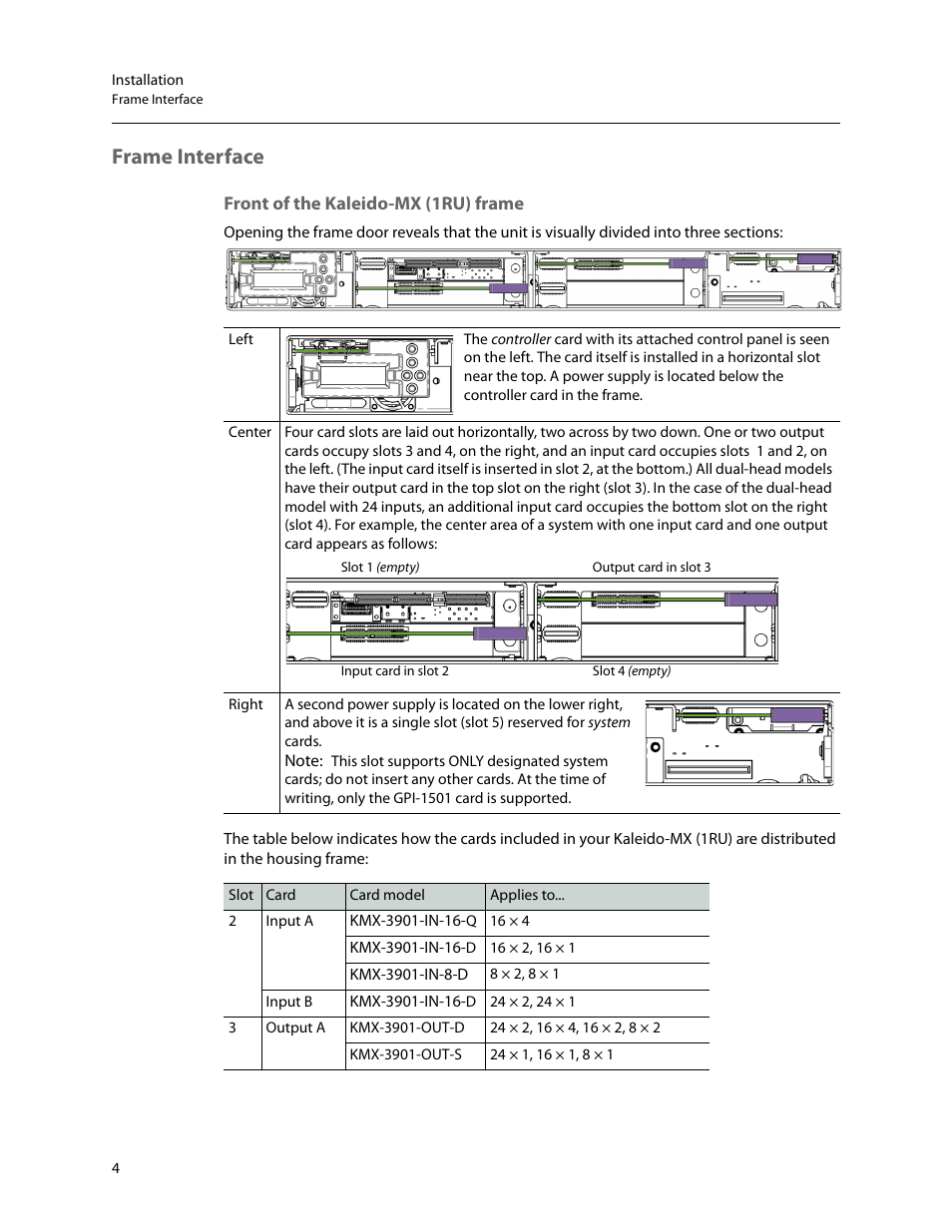 Frame interface, Front of the kaleido-mx (1ru) frame | Grass Valley Kaleido-MX (1RU) v.7.80 User Manual | Page 18 / 55